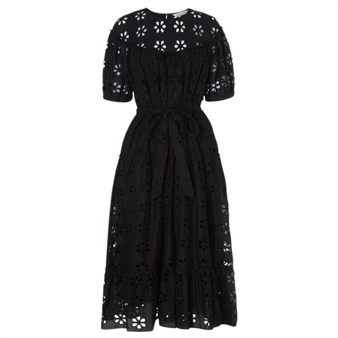 L.K. Bennett Rego Broderie Anglaise Black Cotton Midi Dress